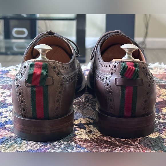 Gucci Signature Stripe Wingtip Brown Leather Men’s Brogue Oxfords Size 11 US 12 - Picture 4 of 15